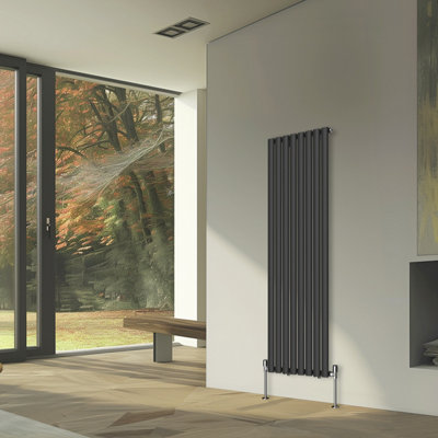 Rinse Bathrooms Vertical Radiators Oval Single Panel Black Column Designer Radiator 1600x472mm