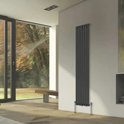 Rinse Bathrooms Vertical Radiators Oval Single Panel Black Column Designer Radiator 1800x354mm