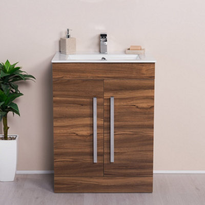 Rinse Bathrooms Walnut 600mm Bathroom Vanity Unit & Basin Cabinet Soft Closing 2 Doors Sink Storage Furniture Hinges