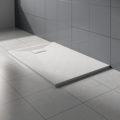 Rinse Bathrooms White Rectangular Shower Tray Slate Effect SMC Slip-Resistant Shower Base for Enclosures 1100x800mm with Waste