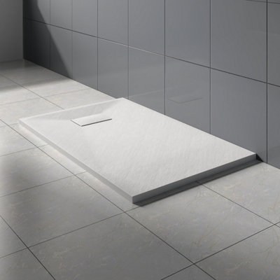 Rinse Bathrooms White Rectangular Shower Tray Slate Effect SMC Slip-Resistant Shower Base for Enclosures 1200x700mm with Waste