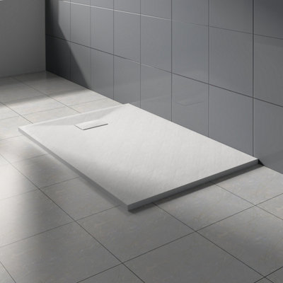 Rinse Bathrooms White Rectangular Shower Tray Slate Effect SMC Slip-Resistant Shower Base for Enclosures 1300x900mm with Waste