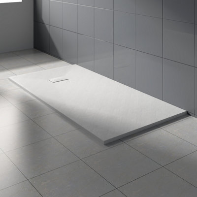 Rinse Bathrooms White Rectangular Shower Tray Slate Effect SMC Slip-Resistant Shower Base for Enclosures 1600x900mm with Waste