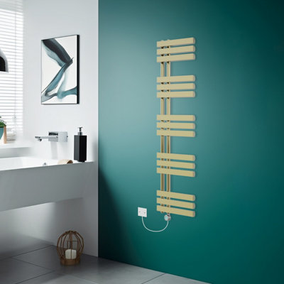 Rinse Bathrooms WiFi Thermostatic Electric Bathroom Heated Towel Rail Radiator with Timer D Shape Tube 1600x450mm Brushed Brass