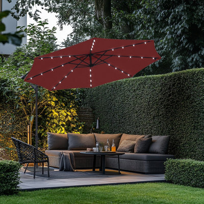 Rinse Bathrooms Wine Garden Banana Parasol Hanging Cantilever Umbrella Sun Shade with Crank Handle 3m & Solar Powered Lights