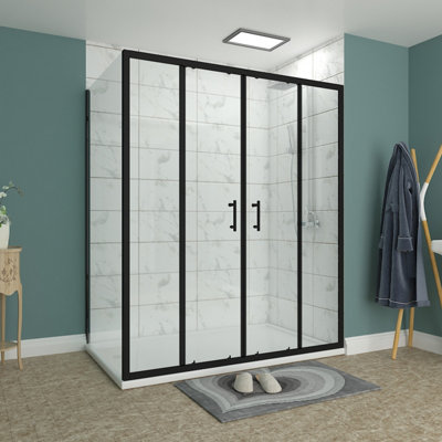 Rinse Black 1600x800mm Sliding Shower Enclosure 6mm Easy Clean Glass Double Doors with Side Panel Anthracite Shower Tray Waste