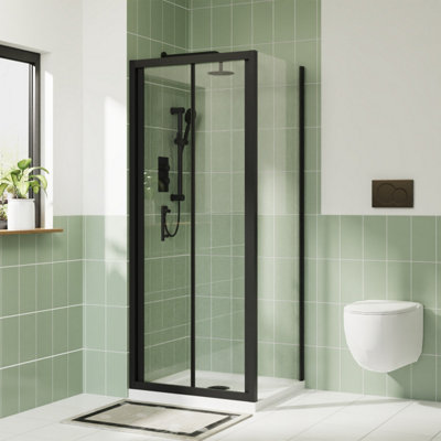 Rinse Black 700x700mm Bifold Shower Enclosure Cubicles 6mm Self Clean Shower Door with Side Panel Anthracite Shower Tray Waste