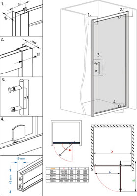 Rinse Black 900x1000mm Pivot Shower Door Enclosure Screen + Side Panel 