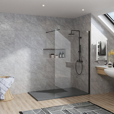 Rinse Black Walkin Shower Enclosure 1200mm 8mm Grey Safety Glass Wetroom Shower Screen - Anthracite 1600x1000 Shower Tray Waste