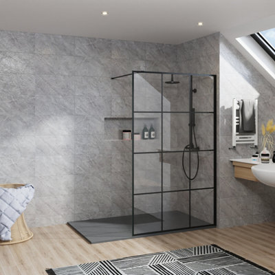 Rinse Black Walkin Shower Enclosure 1400mm 8mm Black Grid Safety Glass ...