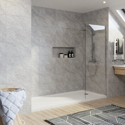 Rinse Chrome Walkin Shower Enclosure 800mm 8mm Clear Safety Glass Wetroom Shower Screen with White 1400X900 Shower Tray Waste