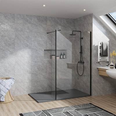 Rinse Walk In Shower Enclosure 1200+300mm Glass Wetroom Black Frame Screen with 1700x800 Tray And Waste