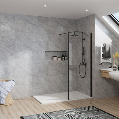Rinse Walk In Shower Enclosure 800+300mm Glass Wetroom Black Frame Screen with 1600x800 White Tray And Waste