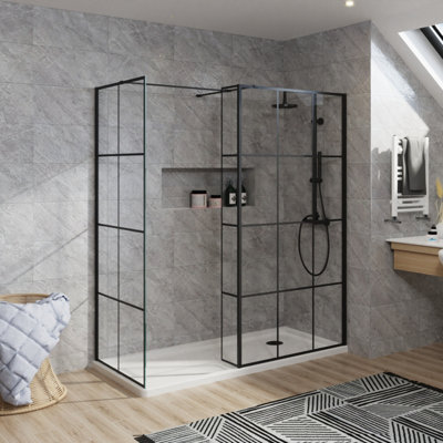 Rinse Walk in Shower Screen 8mm Black Grid Easy Clean Glass Screen Panel 700mm+1000mm Glass Panel+215mm Return Panel Black Framed Price Comparisons | Compare The Build