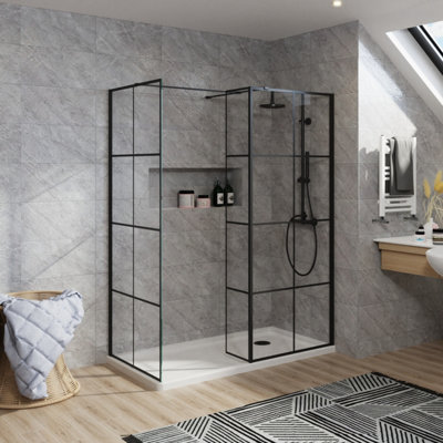 Rinse Walk in Shower Screen 8mm Black Grid Easy Clean Glass Screen
