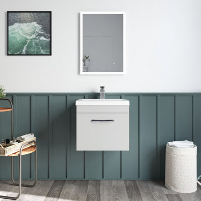 Rio 1 Drawer Wall Hung Vanity Basin Unit - 500mm - Gloss Grey Mist with Black D Handle (Tap Not Included) - Balterley