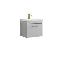 Rio 1 Drawer Wall Hung Vanity Basin Unit - 500mm - Gloss Grey Mist with Brushed Brass D Handle (Tap Not Included)