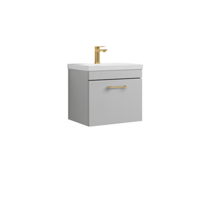 Rio 1 Drawer Wall Hung Vanity Basin Unit - 500mm - Gloss Grey Mist with Brushed Brass D Handle (Tap Not Included)