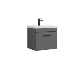 Rio 1 Drawer Wall Hung Vanity Basin Unit - 500mm - Gloss Grey with Black D Handle (Tap Not Included) - Balterley