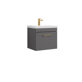 Rio 1 Drawer Wall Hung Vanity Basin Unit - 500mm - Gloss Grey with Brushed Brass D Handle (Tap Not Included)