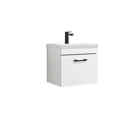 Rio 1 Drawer Wall Hung Vanity Basin Unit - 500mm - Gloss White with Black D Handle (Tap Not Included)