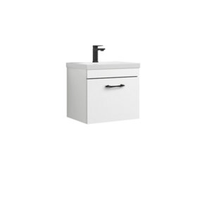 Rio 1 Drawer Wall Hung Vanity Basin Unit - 500mm - Gloss White with Black D Handle (Tap Not Included)