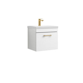 Rio 1 Drawer Wall Hung Vanity Basin Unit - 500mm - Gloss White with Brushed Brass D Handle (Tap Not Included)