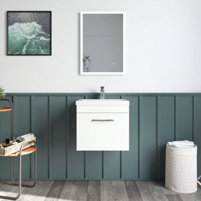 Rio 1 Drawer Wall Hung Vanity Basin Unit - 500mm - Gloss White with Brushed Brass D Handle (Tap Not Included)