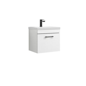 Rio 1 Drawer Wall Hung Vanity Basin Unit - 500mm - Gloss White with Square Black D Handle (Tap Not Included) - Balterley