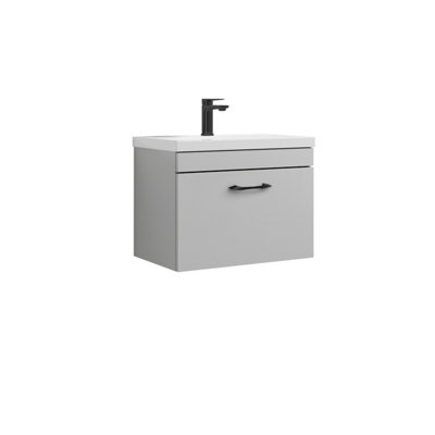 Rio 1 Drawer Wall Hung Vanity Basin Unit - 600mm - Gloss Grey Mist with Black D Handle (Tap Not Included) - Balterley