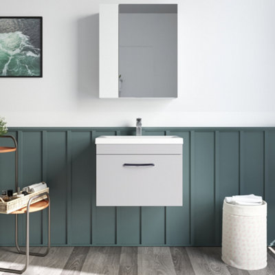 Rio 1 Drawer Wall Hung Vanity Basin Unit - 600mm - Gloss Grey Mist with Black D Handle (Tap Not Included) - Balterley