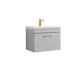 Rio 1 Drawer Wall Hung Vanity Basin Unit - 600mm - Gloss Grey Mist with Brushed Brass D Handle (Tap Not Included)