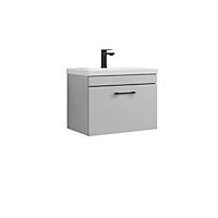 Rio 1 Drawer Wall Hung Vanity Basin Unit - 600mm - Gloss Grey Mist with Square Black D Handle (Tap Not Included) - Balterley