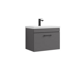 Rio 1 Drawer Wall Hung Vanity Basin Unit - 600mm - Gloss Grey with Black D Handle (Tap Not Included)