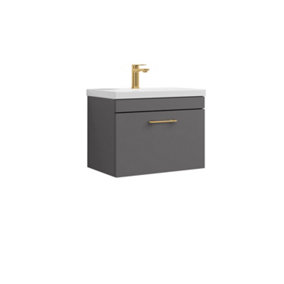 Rio 1 Drawer Wall Hung Vanity Basin Unit - 600mm - Gloss Grey with Brushed Brass D Handle (Tap Not Included)