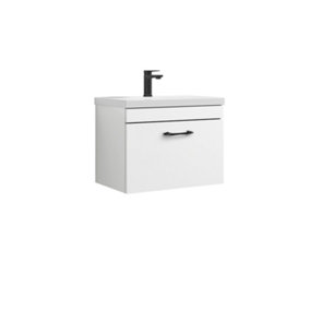 Rio 1 Drawer Wall Hung Vanity Basin Unit - 600mm - Gloss White with Black D Handle (Tap Not Included) - Balterley