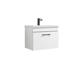 Rio 1 Drawer Wall Hung Vanity Basin Unit - 600mm - Gloss White with Black D Handle (Tap Not Included)