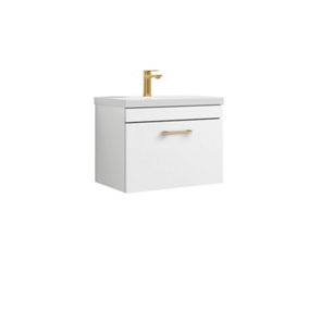 Rio 1 Drawer Wall Hung Vanity Basin Unit - 600mm - Gloss White with Brushed Brass D Handle (Tap Not Included)