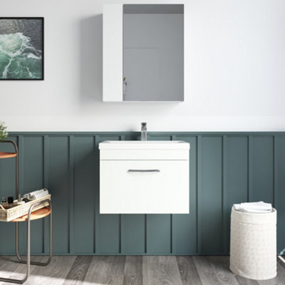 Rio 1 Drawer Wall Hung Vanity Basin Unit - 600mm - Gloss White with Brushed Brass D Handle (Tap Not Included)