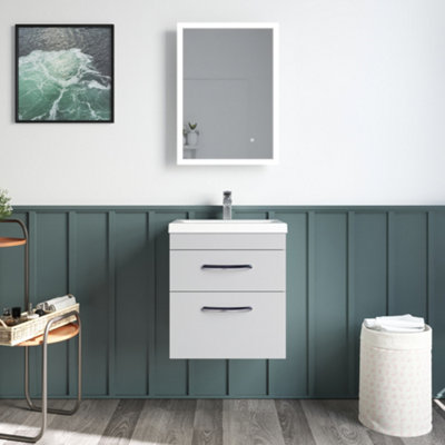 Rio 2 Drawer Wall Hung Vanity Basin Unit - 500mm - Gloss Grey Mist with Black D Handles (Tap Not Included) - Balterley