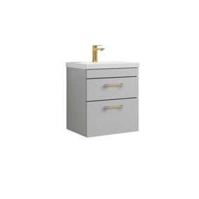 Rio 2 Drawer Wall Hung Vanity Basin Unit - 500mm - Gloss Grey Mist with Brushed Brass D Handles (Tap Not Included)