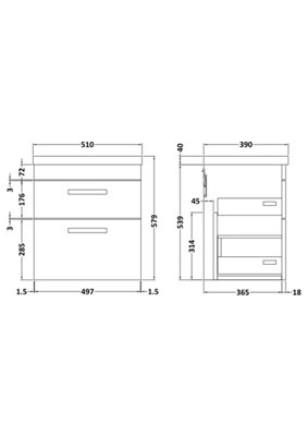 Rio 2 Drawer Wall Hung Vanity Basin Unit - 500mm - Gloss Grey Mist with Brushed Brass D Handles (Tap Not Included)