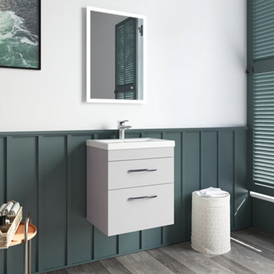 Rio 2 Drawer Wall Hung Vanity Basin Unit - 500mm - Gloss Grey Mist with Brushed Brass D Handles (Tap Not Included)