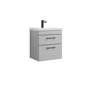 Rio 2 Drawer Wall Hung Vanity Basin Unit - 500mm - Gloss Grey Mist with Square Black D Handles (Tap Not Included) - Balterley