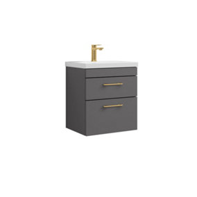 Rio 2 Drawer Wall Hung Vanity Basin Unit - 500mm - Gloss Grey with Brushed Brass D Handles (Tap Not Included)