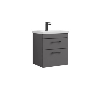 Rio 2 Drawer Wall Hung Vanity Basin Unit - 500mm - Gloss Grey with Square Black D Handles (Tap Not Included) - Balterley