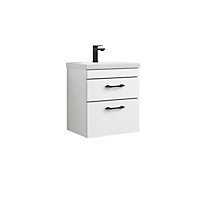 Rio 2 Drawer Wall Hung Vanity Basin Unit - 500mm - Gloss White with Black D Handles (Tap Not Included) - Balterley