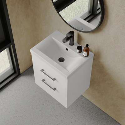 Rio 2 Drawer Wall Hung Vanity Basin Unit - 500mm - Gloss White with Black D Handles (Tap Not Included)