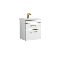 Rio 2 Drawer Wall Hung Vanity Basin Unit - 500mm - Gloss White with Brushed Brass D Handles (Tap Not Included)