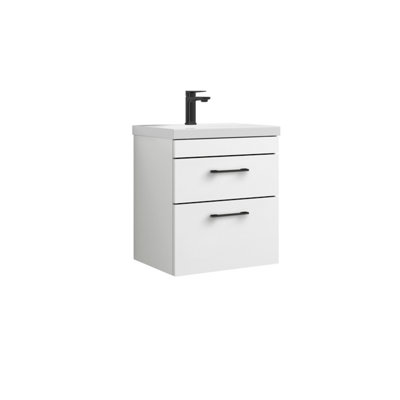 Rio 2 Drawer Wall Hung Vanity Basin Unit - 500mm - Gloss White with Square Black D Handles (Tap Not Included) - Balterley
